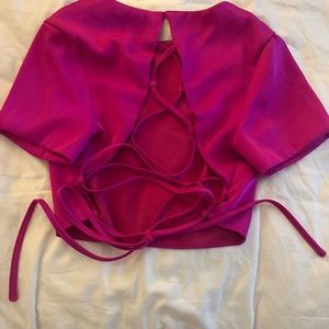 Hot Pink Lace up Cropped Shirt